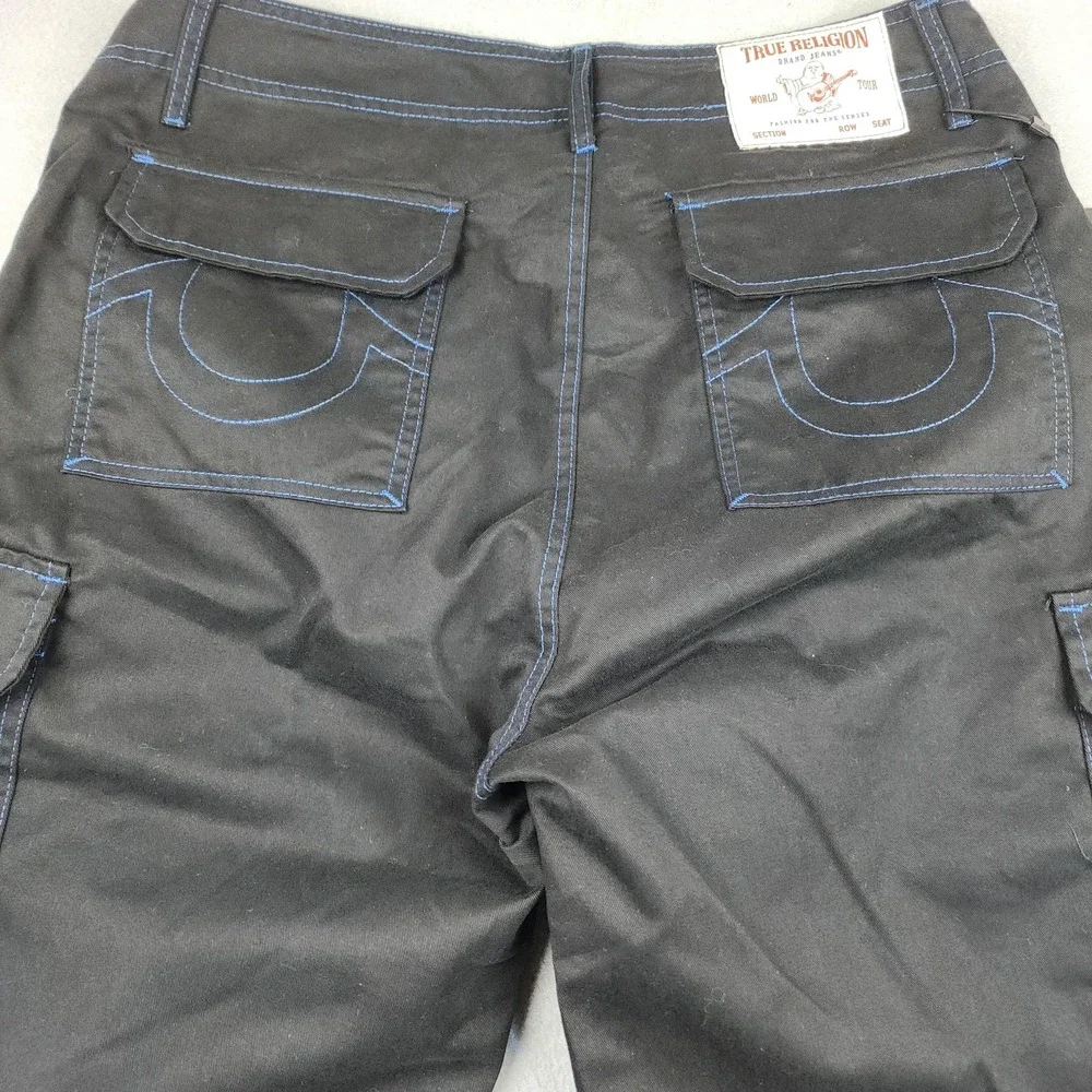 True Religion Cargo Pants Mens 34x31 Black Blue Stitch Canvas Utility Pockets